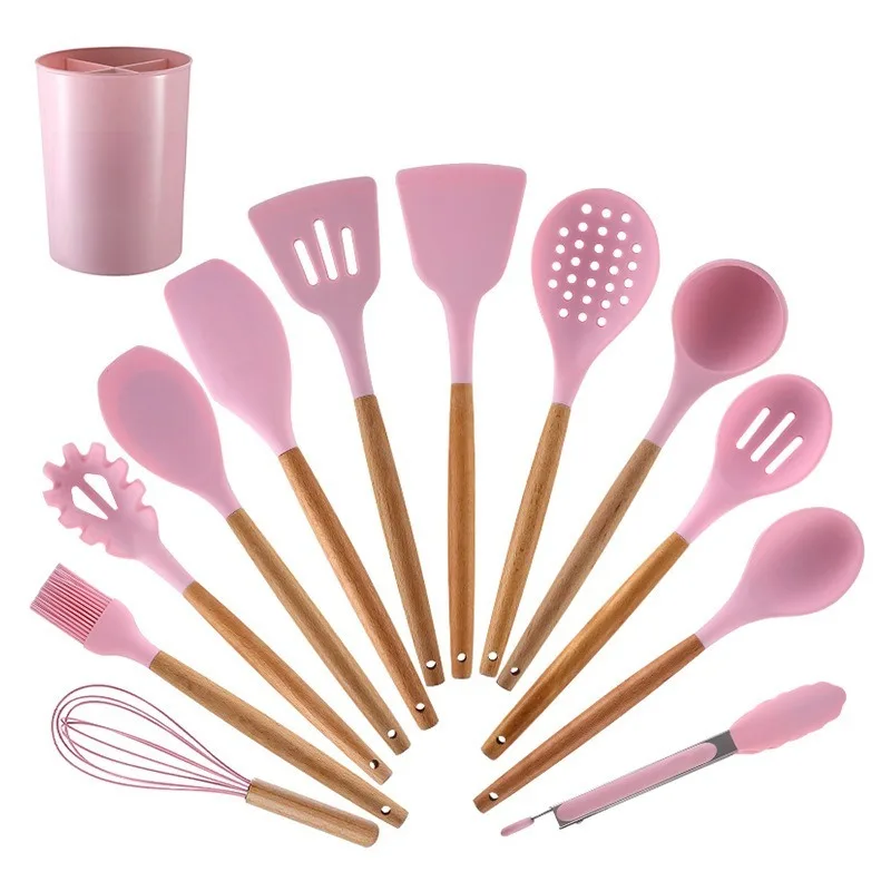 Suitable For Silicone Kitchen Utensil Set With Wooden Handle, 12Pcs Cooking Spatula Spoon Whisk