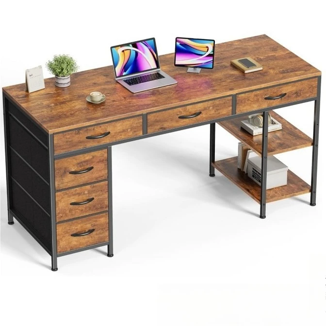 Home office with no-harm cloth storage pump and side shelf office computer desk