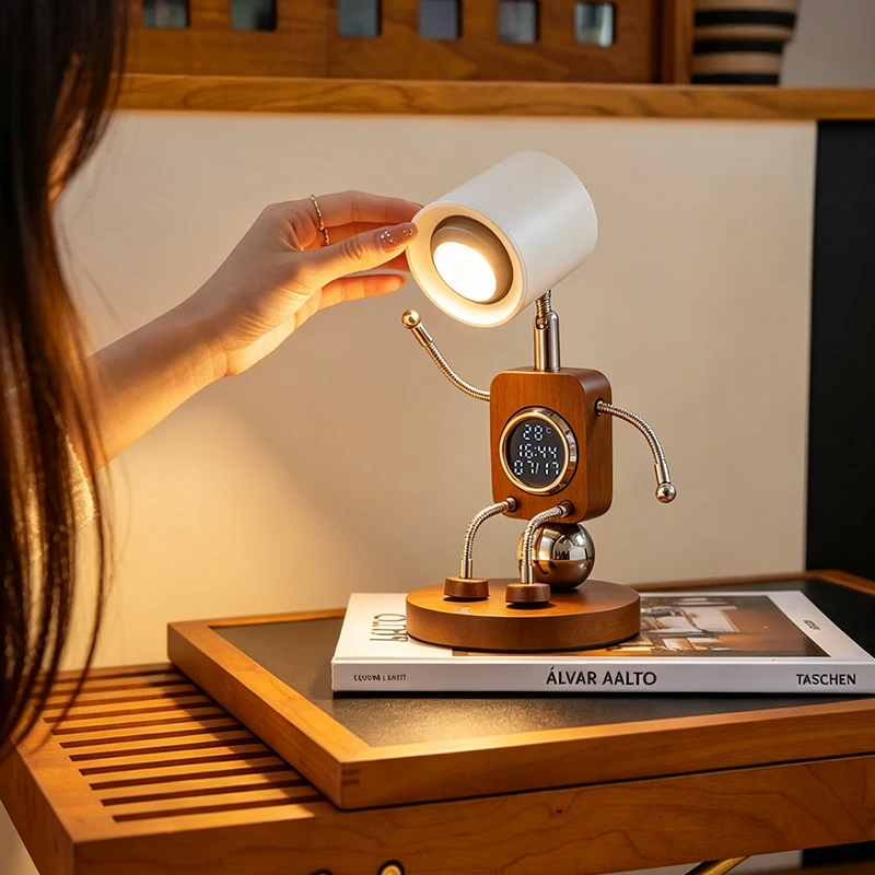 Creative Wooden Robot Bedside Ambient Lamp with Adjustable Articulated Arms Decorative Night Light for Bedrooms and Desks