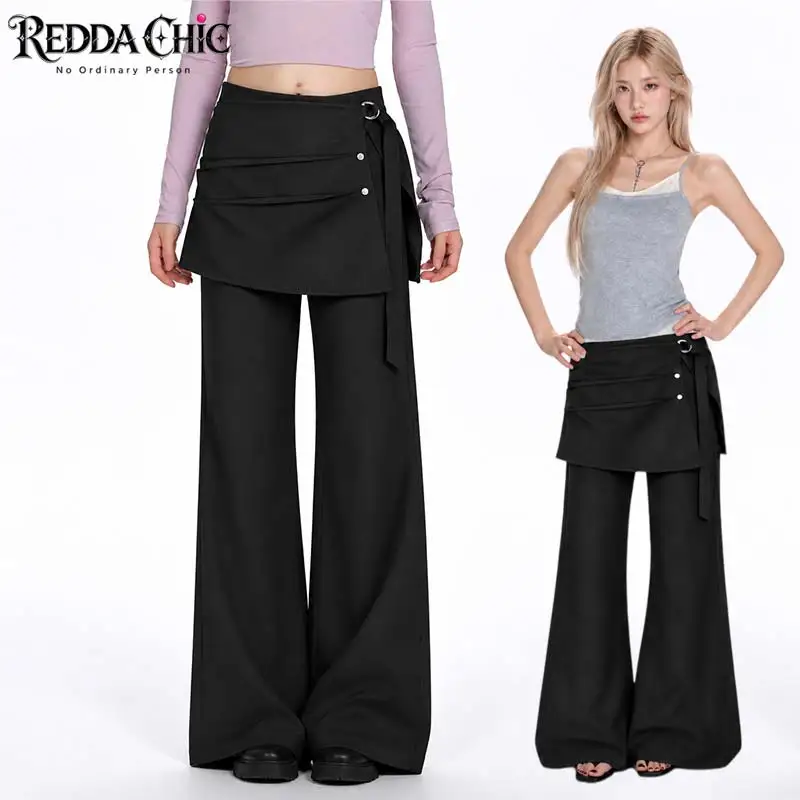 REDDACHiC Layered Skirt Detachable Women Suit Trousers Trendy Pleated Low Rise Wide Leg Dressy Pants Lounge Alternative Clothes