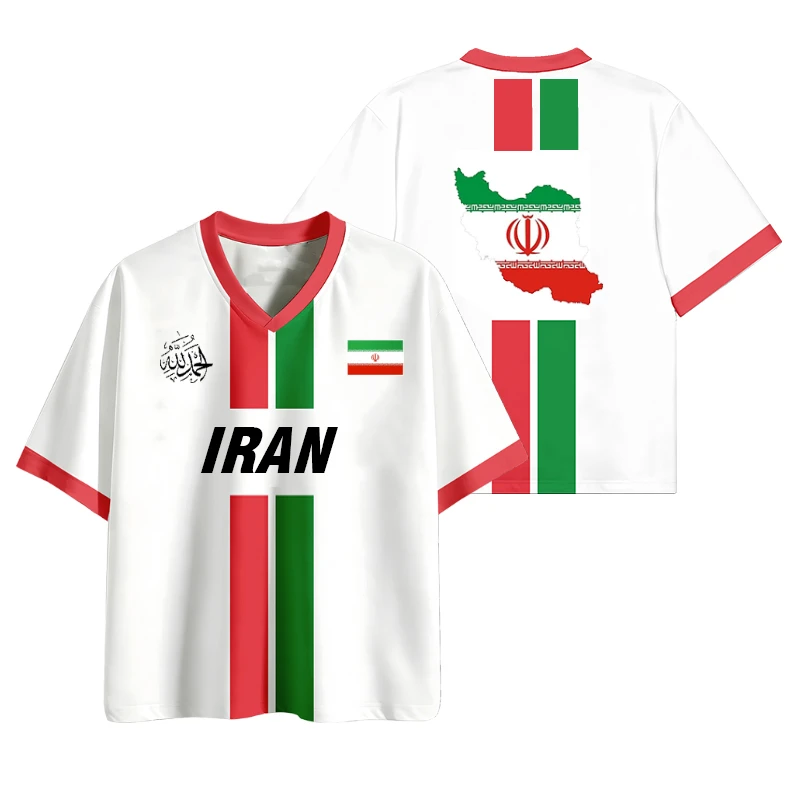 Hot Selling Summer Sports Breathable Quick Drying V-Neck Loose Short Sleeved T-Shirt Lran Flag Map Pattern Unisex Top Gift