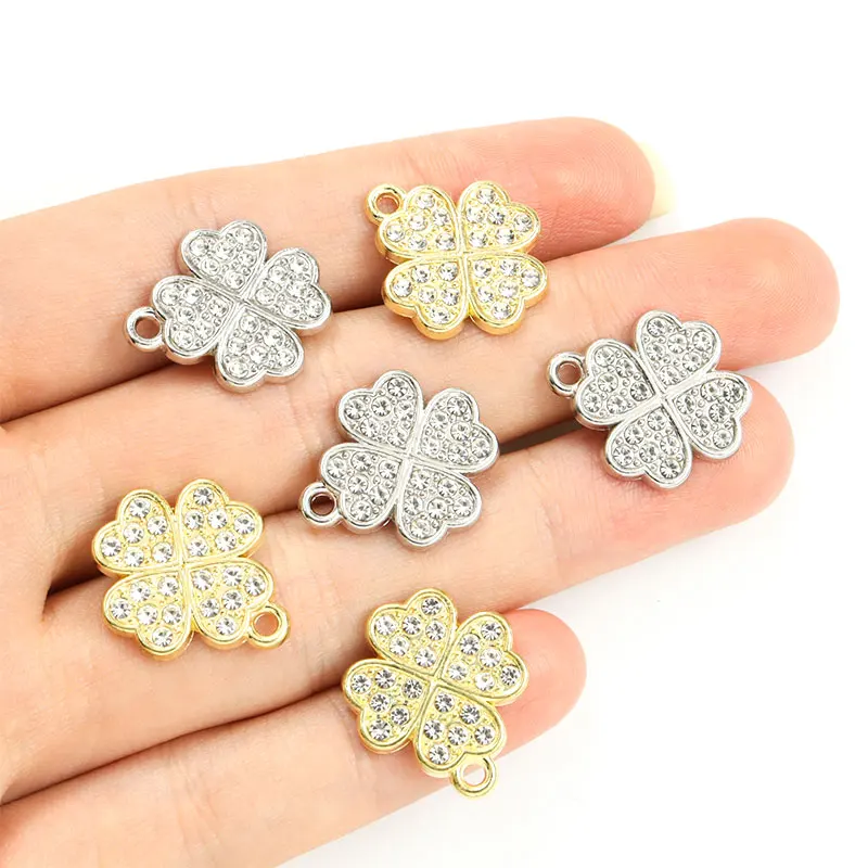 Fashion 10pcs Clover Crystals Rhinestone Metal Charm Gold/Silver Color Four Leaf Clover Pendant for Jewelry Making DIY Accessory