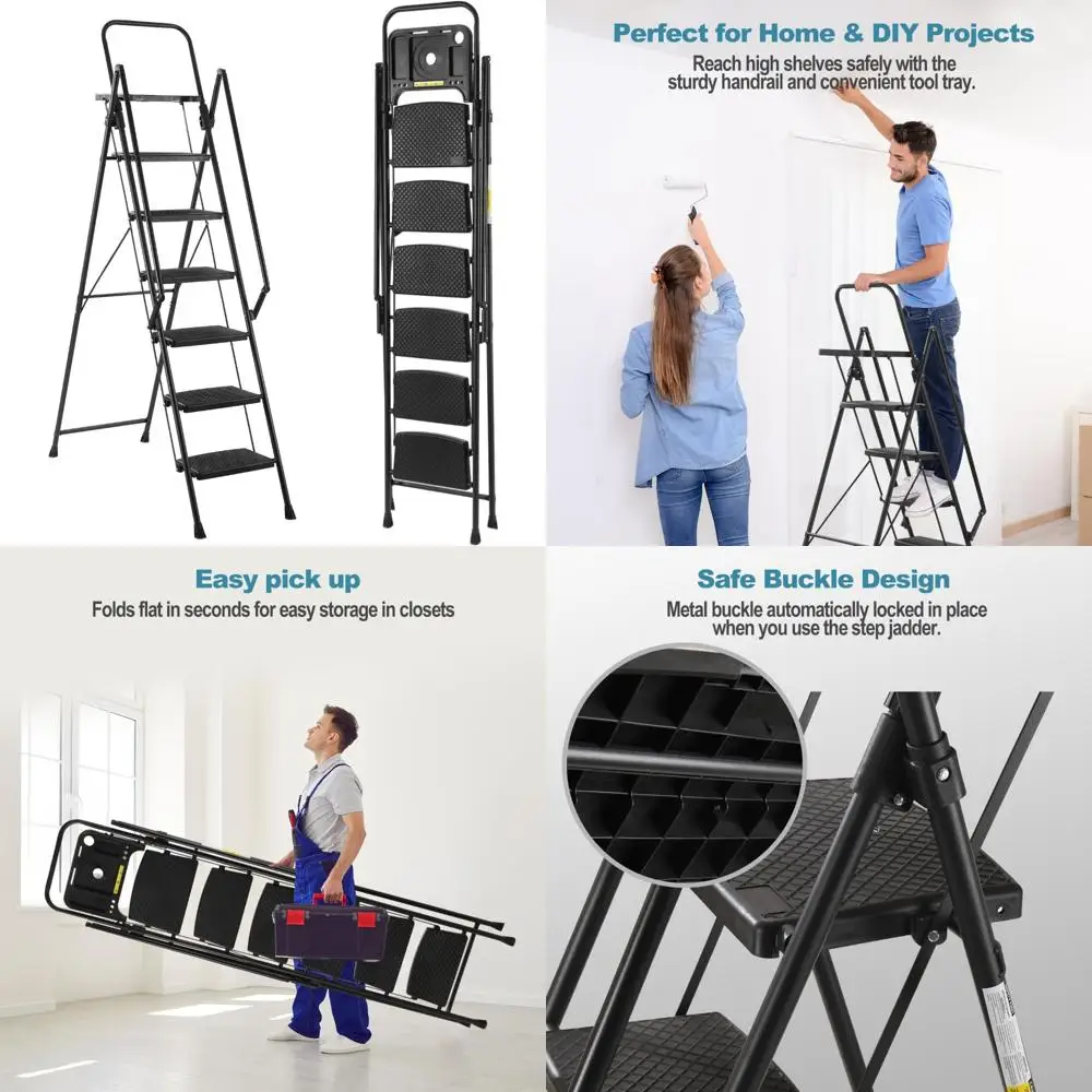 Portable Folding 7-Step Ladder with Anti-Slip Treads and Tool Trays, Lightweight for Home and Workshop Use