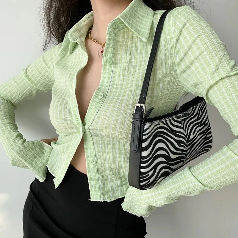 

Vintage Plaid Chiffon Women Shirts Summer Thin Long Sleeves Short Single Breasted Slim Tops Fashion Streetwear All Match Blouse