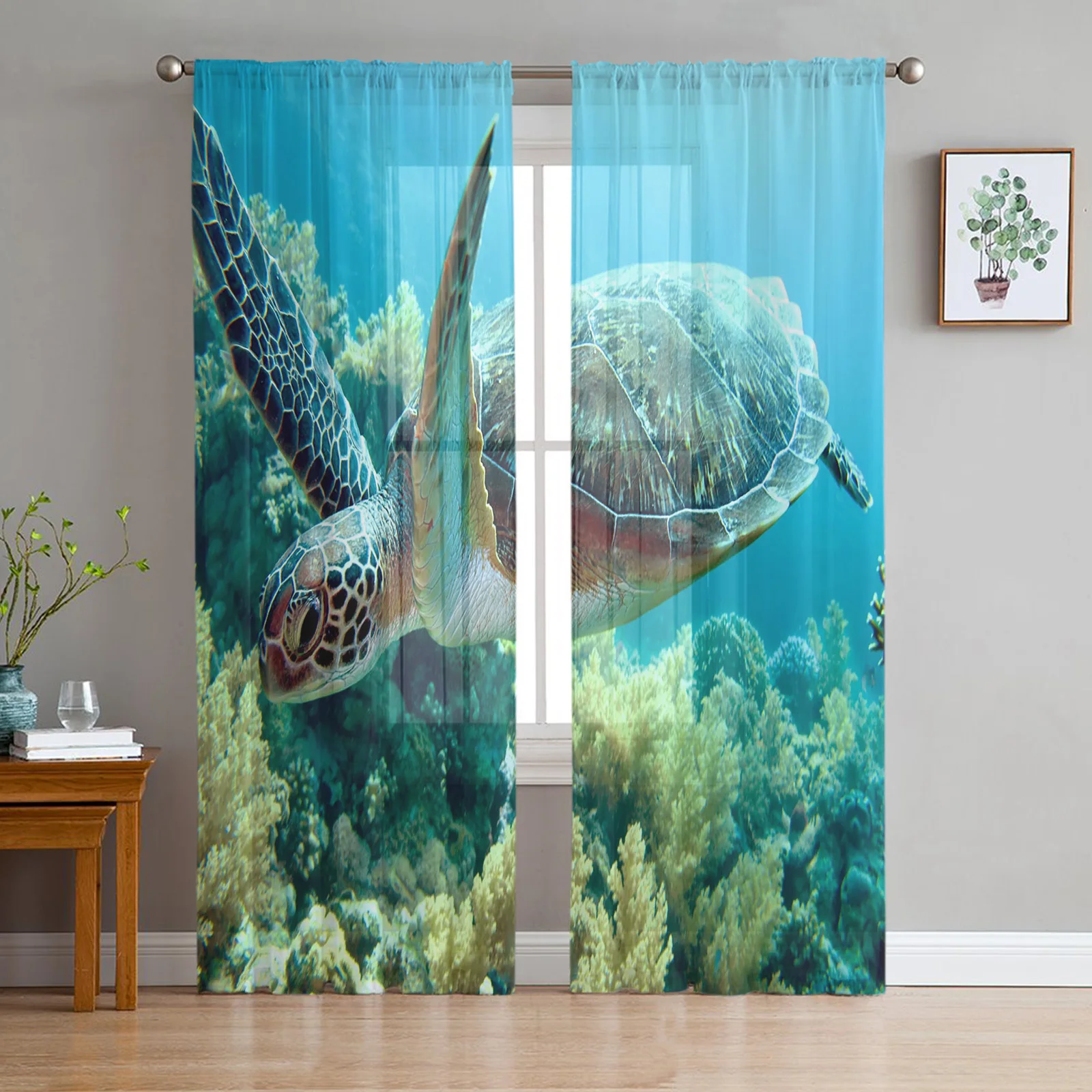 Blue Ocean Green Turtle Tulle Curtains For Living Room Bedroom Decoration Sheer Voile Window Curtains Party Drapes Panels