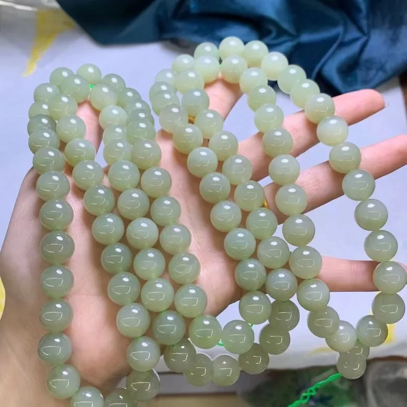Hetian Jade Qinghai Material Buddhist 12Mm Round Beads Multi-Loop Bracelet With Long Chain