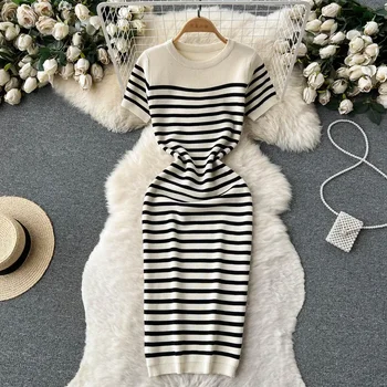 ฤดูร้อนลายชายหาดชุดถัก O คอสั้นแขน Chic Hotsweet Slim Sundress Streetwear Y2K Bodycon Midi Dress