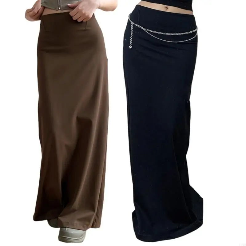 スリムフィットロングスカート女性のためのバックスリットディテール弾性ハイウエストラップヒップマキシストレートスカートオフィスレジャーウェア F3MD