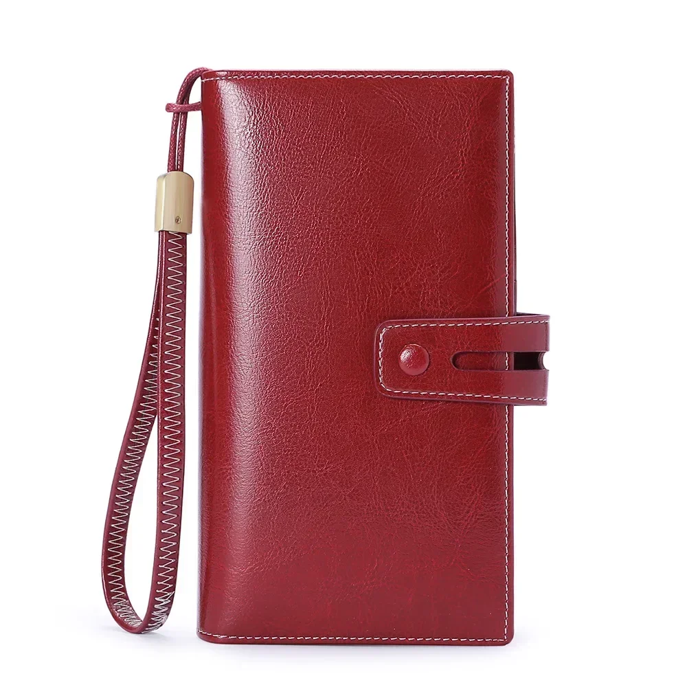 Women Long Genuine Leather Wallets Vintage Oil Wax RFID Purse Multi-functional Clutch Phone Card Holder High-quality Handbag 8Z