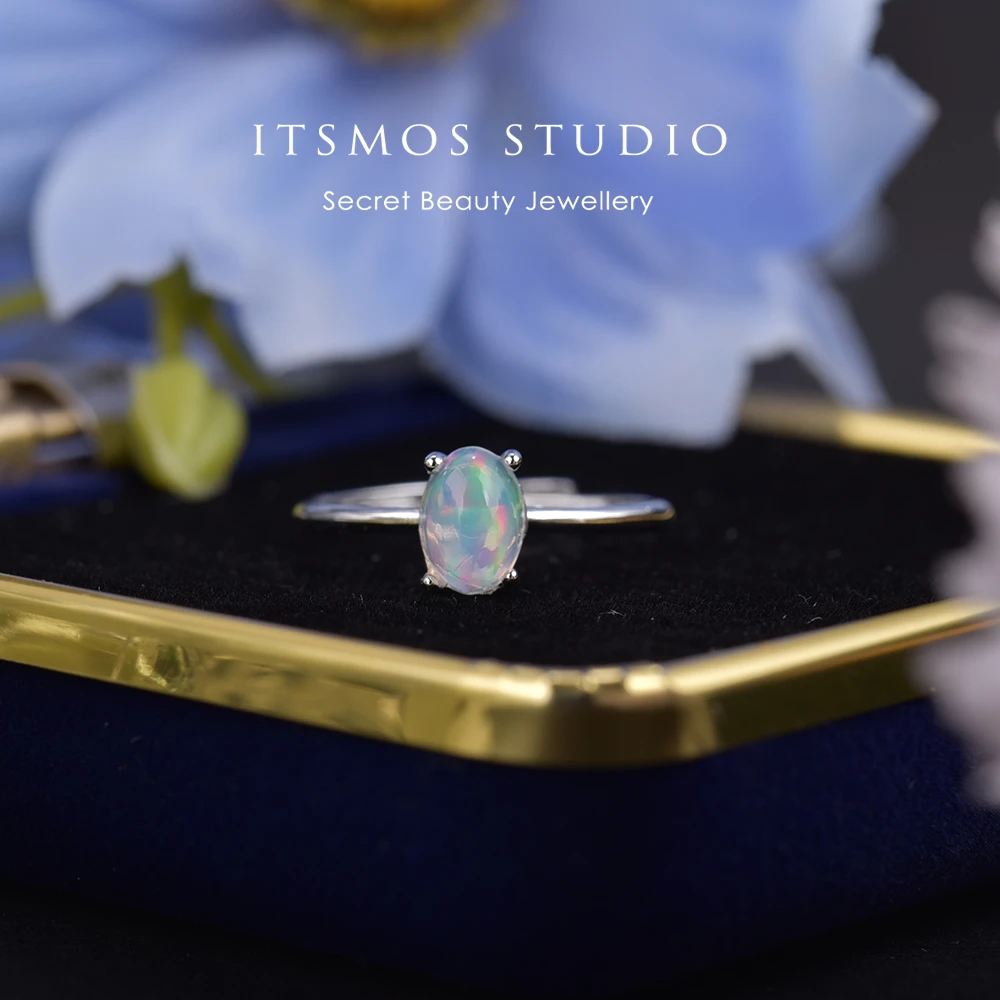 ITSMOS Natural Opal Ring Silver Plater Copper Gemstone Blue Green Hollow Pattern Opal Delicate Jewelry Band Rings for Women