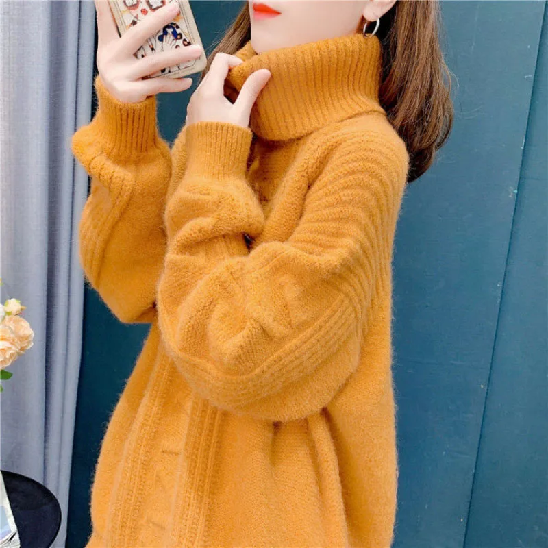 Vintage Turtleneck Pullover Women\'s Outside Wear Autumn Winter 2024 New Fashion Loose Long-Sleeved Knitted Sweater Jacket