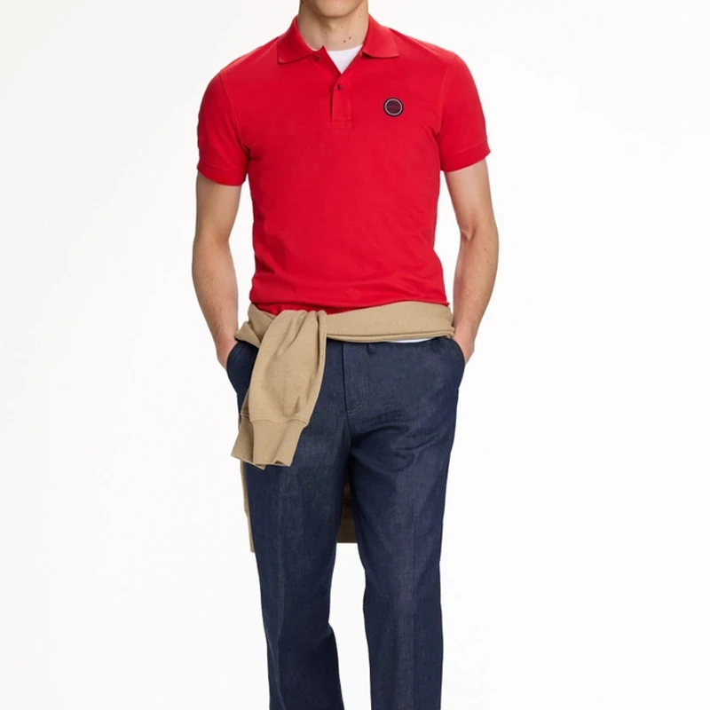 CH Roter Akzent Runder Gummi-Patch Links auf der Brust Premium Piqué Kurzarm-Poloshirt für Herren Schlanke Minimalistische Moderne Lässige Oberteile – Detail 5