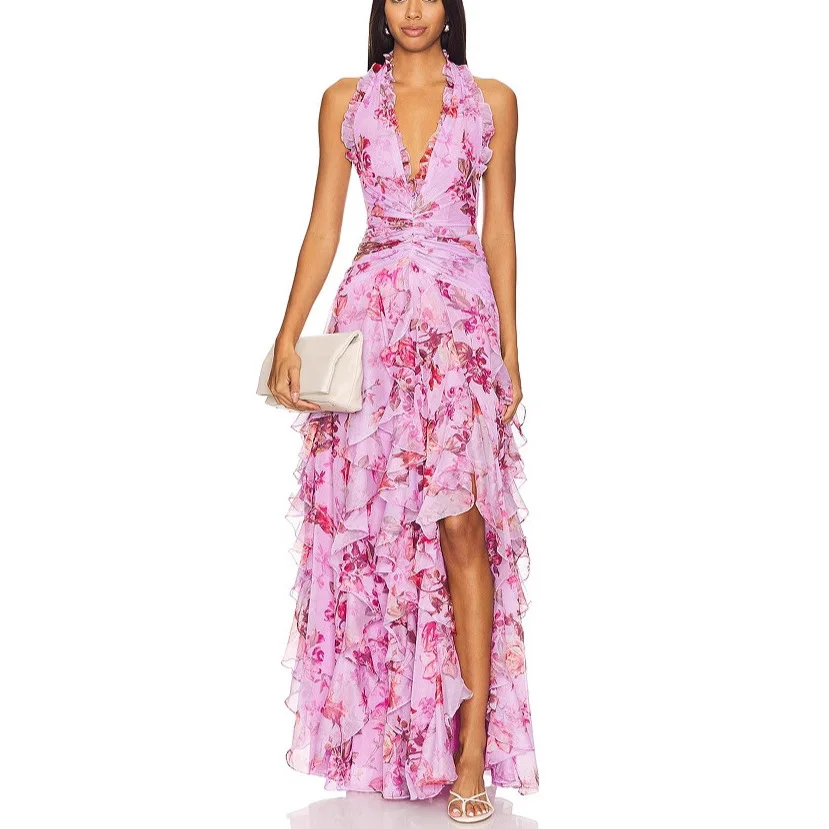 Summer Sexy Halter Neck Ruffles Floral Printed Long Dress Women Sleeveless Backless Side Split Slim Dresses Evening Beach Party
