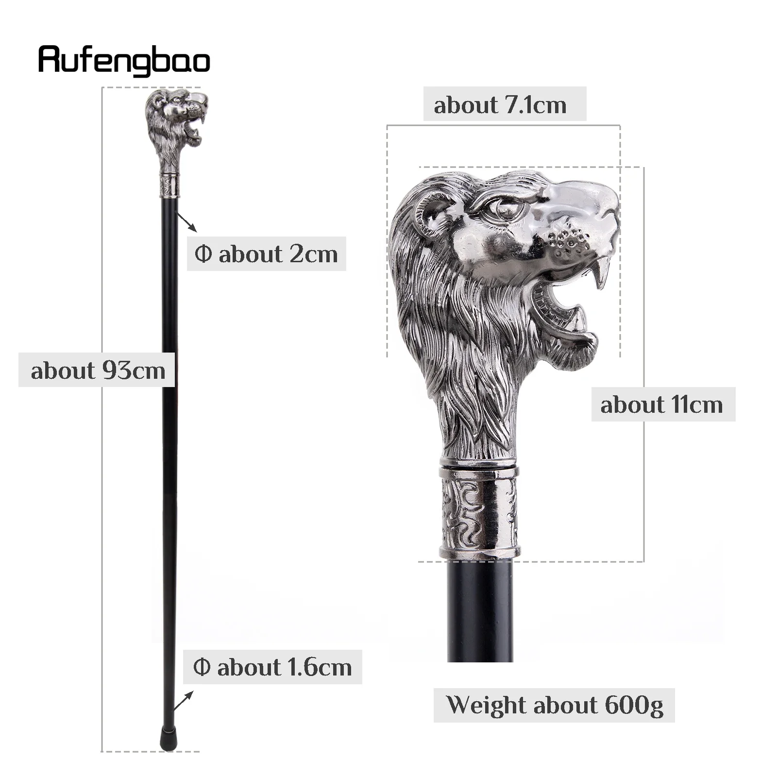 Sliver Lion Head with Mustache Single Joint Fashion Walking Stick Decorative Cospaly Party Walking Cane Halloween Crosier 93cm