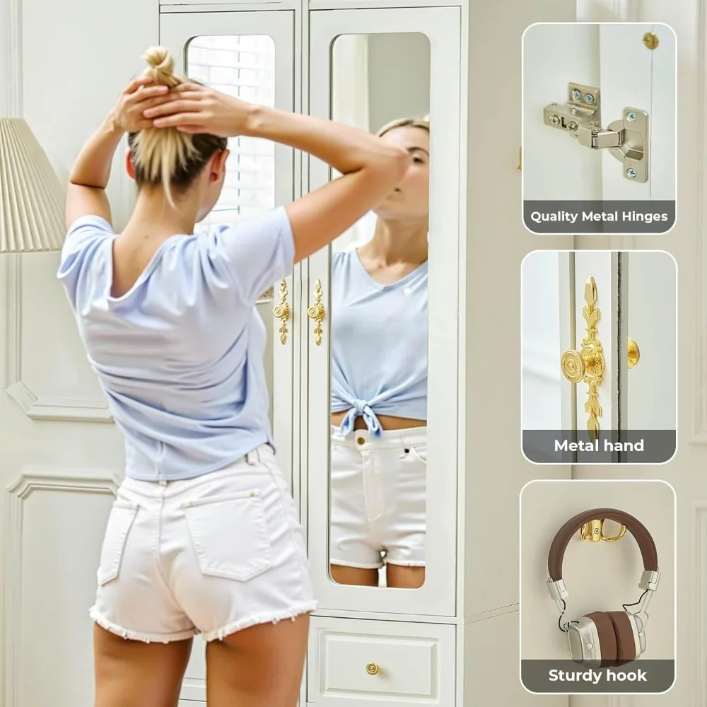 69.5인치 화이트 우드 아르모아, 거울 도어, 서랍 3개, 센서 LED 조명 및 침실 수납용 행거 포함