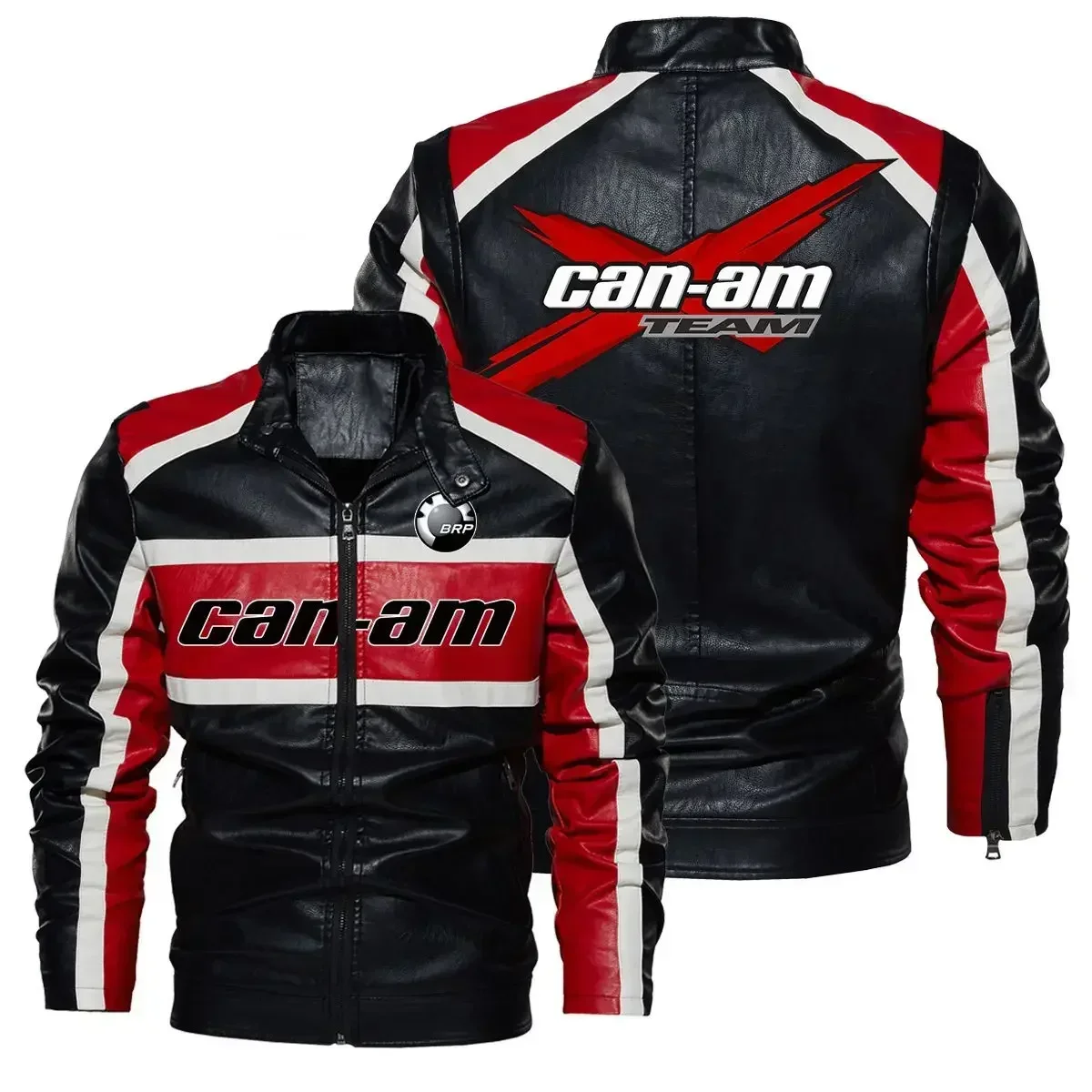 New can-am Contrast PU Leather Jacket Men's Autumn Winter Men High Quality Coat Motorcycle Style Casual Jackets Black Warm