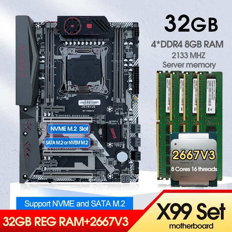 JINGYUE X99TI D4 Kit Motherboard Xeon E5 2667 V3 CPU Kit LGA 2011-3 4*8GB=32GB DDR4 2133 Hertz RAM Memory Support NVME SATA M.2