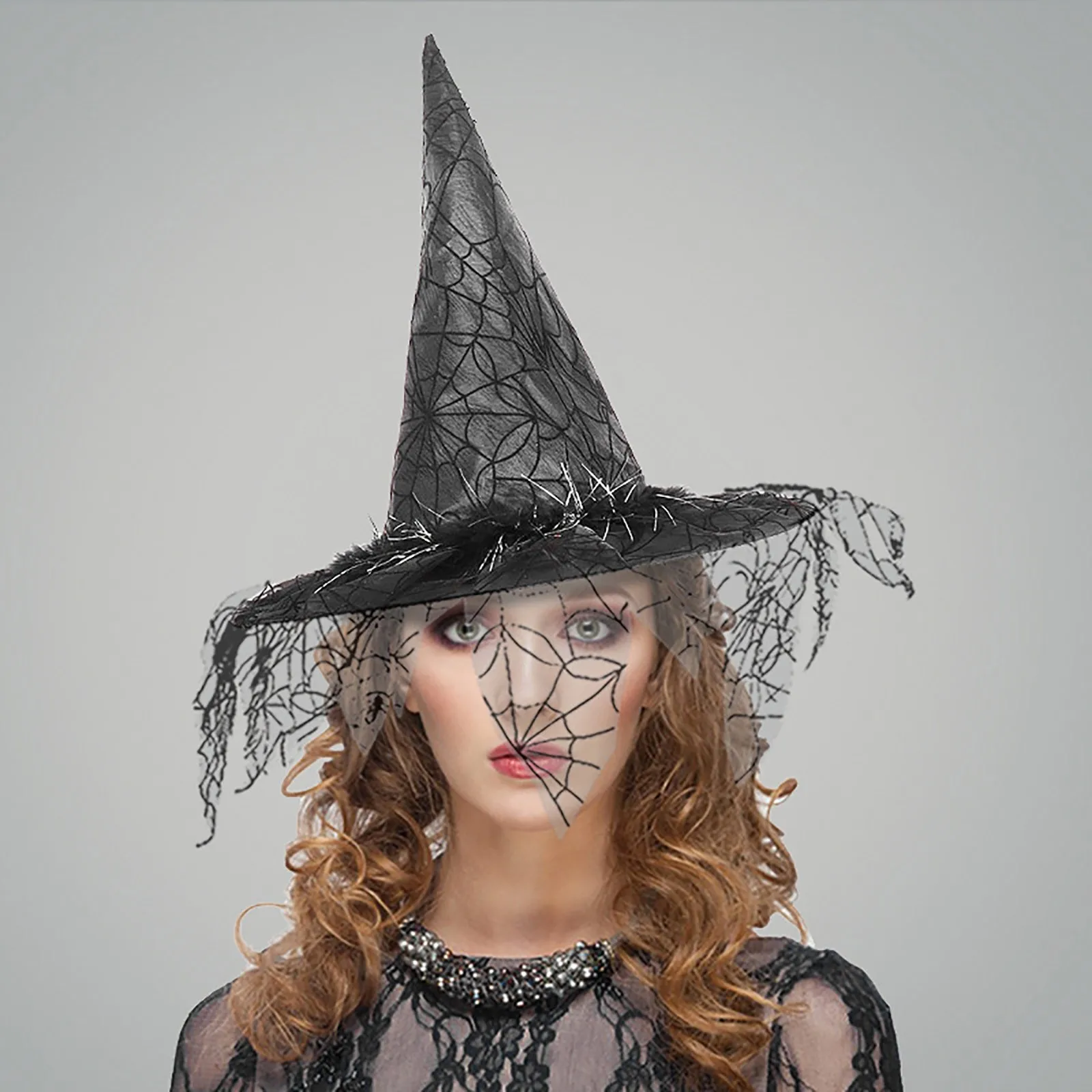 

Vintage One Side Veils Halloween Witch Hat Foldable Wizard Wide Brim Lace Fringe Soft Witches Halloween Girl Women Pointed Hat