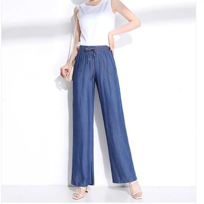 

XIZOU High Waist Wide Leg Jeans Women Summer Thin Ice Silk Straight Leg Pants Loose Slimming Long Trousers Casual Commute Sle