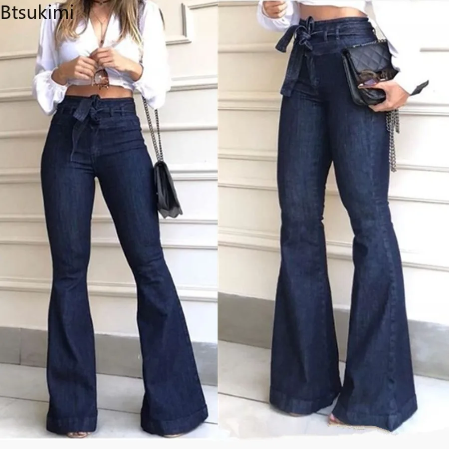 2025 New Women's Solid Denim High Waist Wide Leg Flare PantsSlim Fit Stretchy Jeans  Ladies Casual Work Full Length Trousers