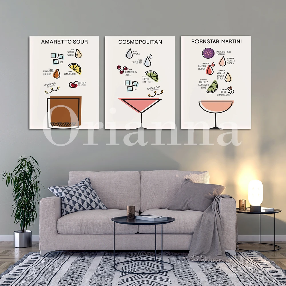 Cocktail Art Retro Poster/ Whiskey/ Margarita/ Cosmopolitan/ Mojito/ Blue Lagoon/ Pornstar Martini/ Kitchen Bar Wall Decor Print