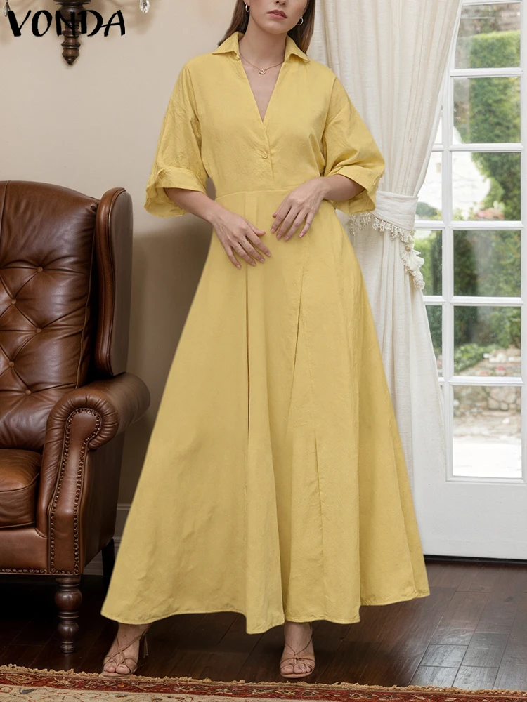 

VONDA женский вечерний халат с длинным рукавом, осень 2025 г., однотонные платья макси с v-образным вырезом, повседневные свободные платья с рюшами для работы, большие размеры 5XL