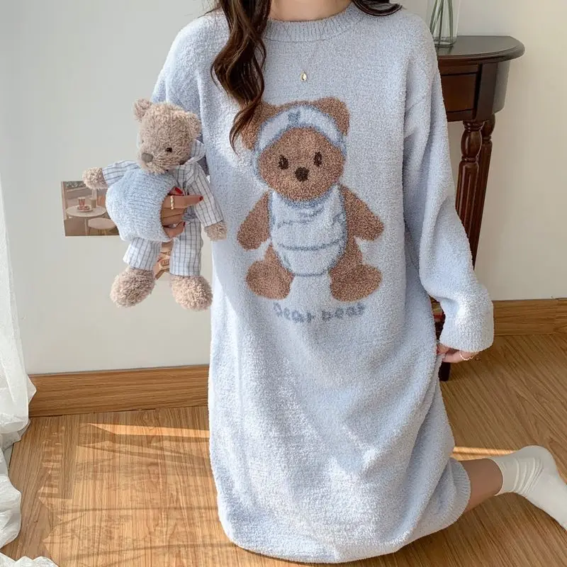 QWEEK Coral Velvet Long Nightie Kawaii Korean Style Bear Print Sleepwear Warm Thicken Women\'s Nightdress Winter Homewear