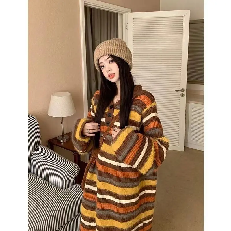 Korean Version Sweet Contrasting Striped Hooded Knitted Dress 2024 New Ins Loose Retro Over Knee Fur Dress