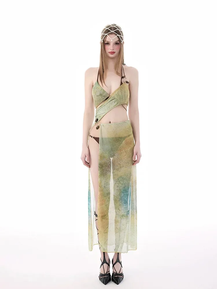 Female Wasteland Sandy Style Long Dress Mesh Sheer Thin Summer Y2K Trendy Ins Chi Tiktop Dress Halter Split Night Club Vestidos
