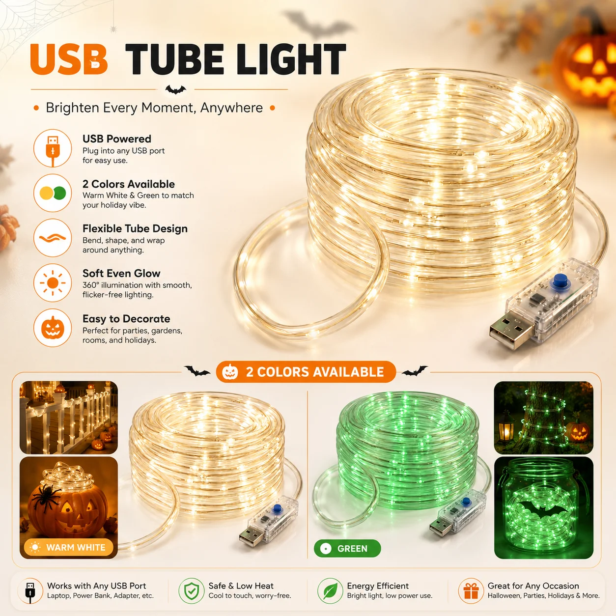 LED Rope Lights Tube String Lights USB Powered 7/12/17/22M Warm White Green IP55 Flexible Lights for Indoor Party Halloween Deco