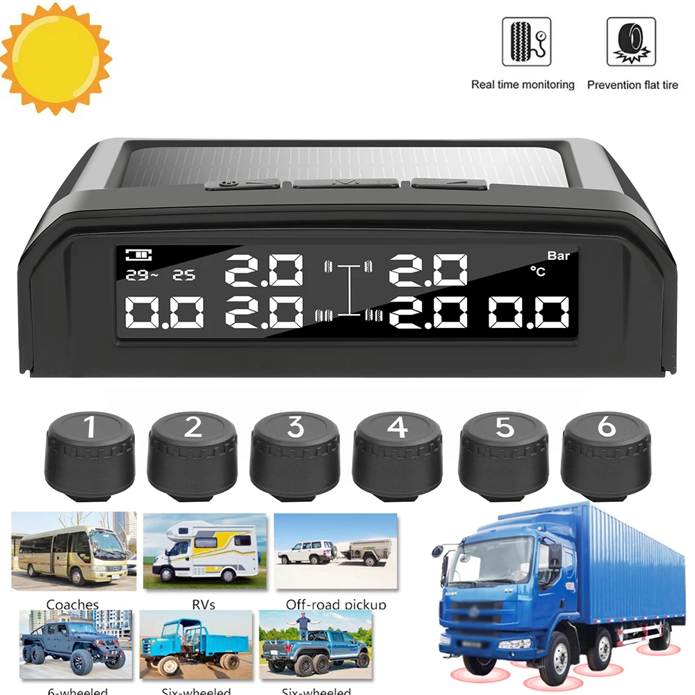 TPMS Tire Pressure 6 External Sensor LCD Display Battery Replaceable Tyre Temperature Alarm System Car Tire Pressure Monitorin
