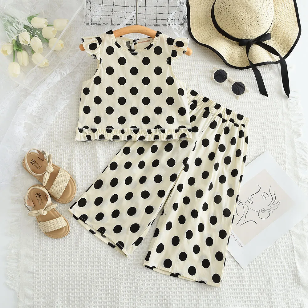 Mädchen Kleidung schwarz Polka Dot zweiteilige ärmellose Rundhals-Top lässige Hose mit weitem Bein 2 Sätze Sommer Baumwolle Basic-Kleidung