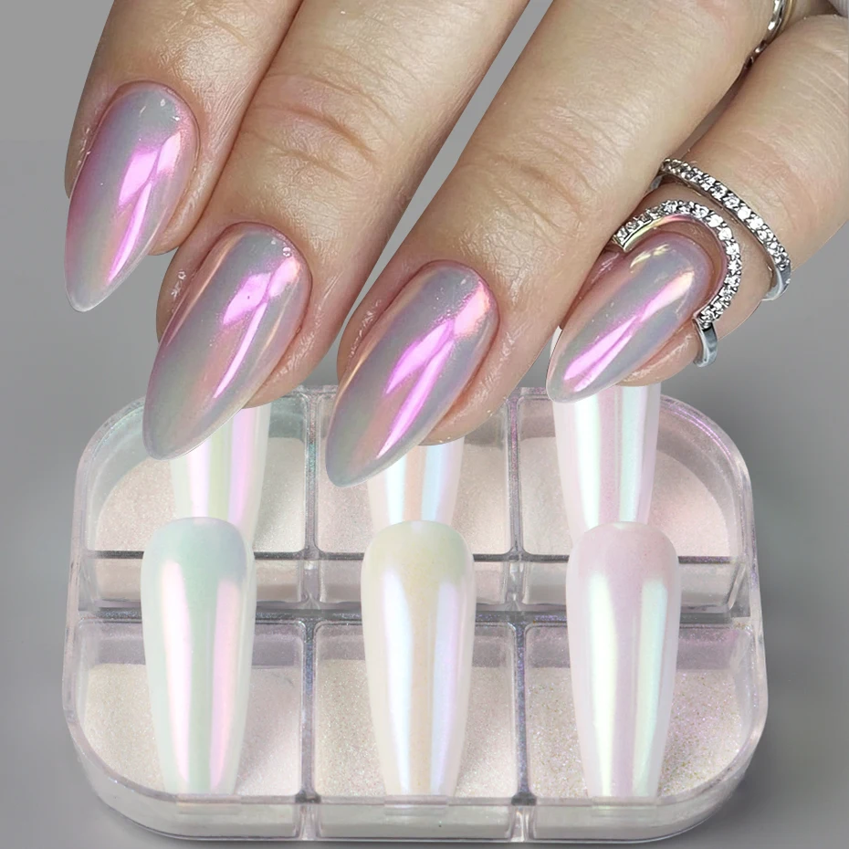 6 Grids Aurora Chrome Nail Powder Iridescent Mermaid Chrome Multi‑Color Nail Pigment Dust for Nail Art Decor Manicure Supplies