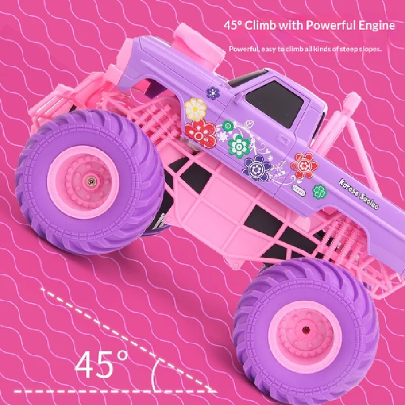 2.4GHz RC Monster Truck with Large All Terrain Tires Pink Purple Off Road Vehicle Stunt Toy Gift for Kids Boys Girls