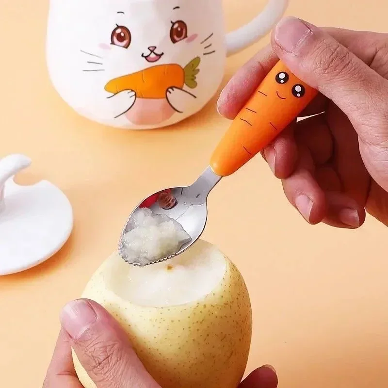 Baby Gadgets Tableware Set Stainless Steel Cartoon Carrot Spoon Fork Scraping Spoon for Kids Utensils Set Child Learn To Eating