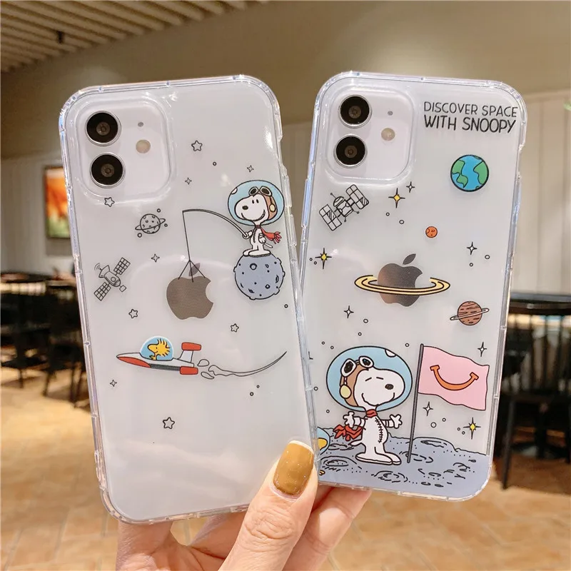 Snoopy astronaut Cartoon Transparent Phone Case For iPhone 16 15 13 12 11 Pro Max Xr Xs Max 14 Plus 8 Plus Case Cute Soft Cover