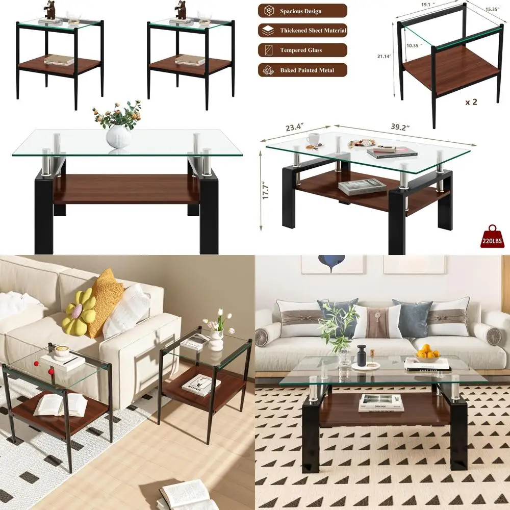 

Contemporary Glass and Walnut Coffee and End Table Set, 3-Piece Living Room Furniture with Clear Glass Tops and MDF Base