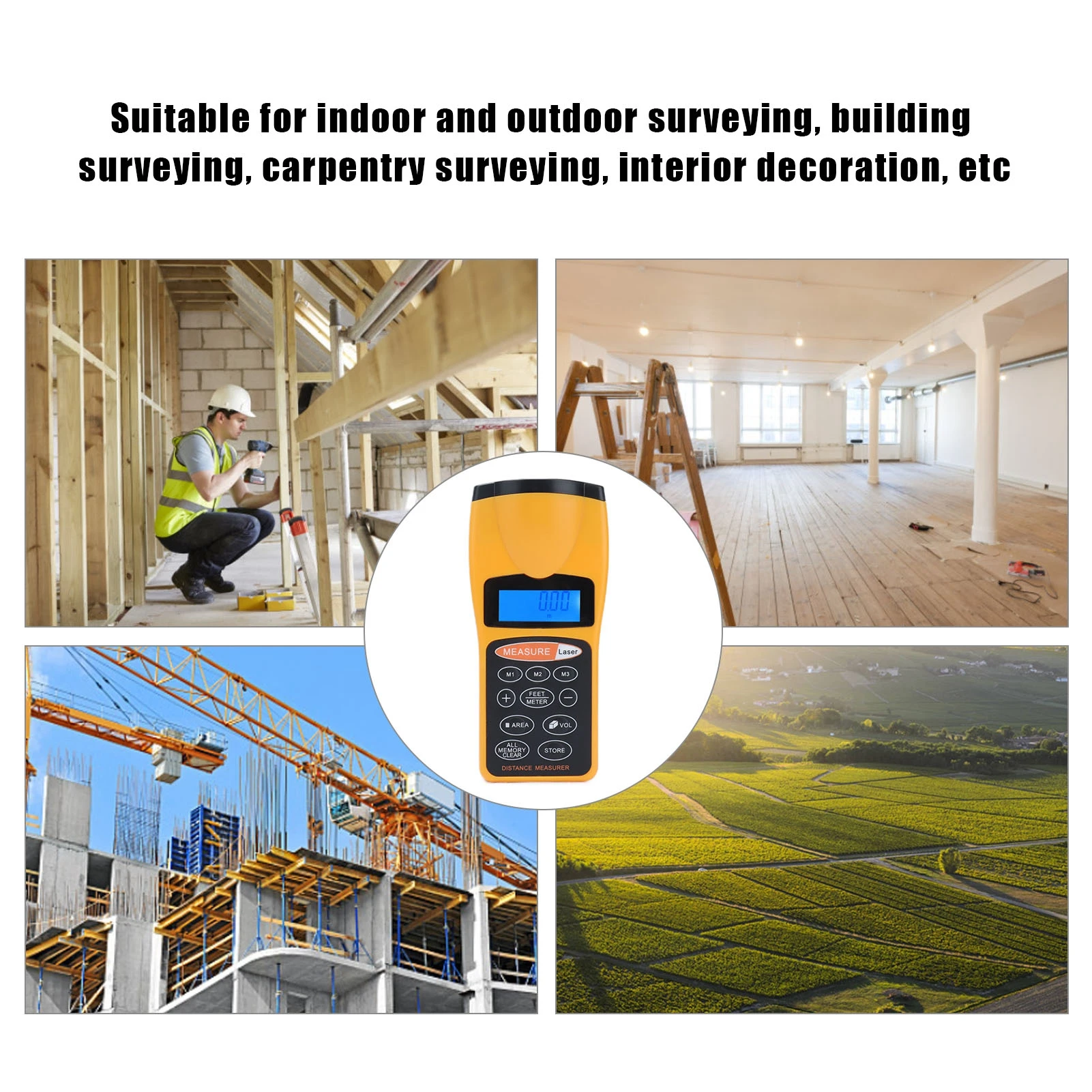 LCD Display Ultrasonic Distance Measurer Portable Area Volume Measurement Handheld Measuring Tool Ultrasonic