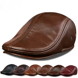 100% Cowhide Genuine Leather Men's Berets Ear Protection Cap Classic Casual Hat Best Gift for Dad Husband Boyfriend