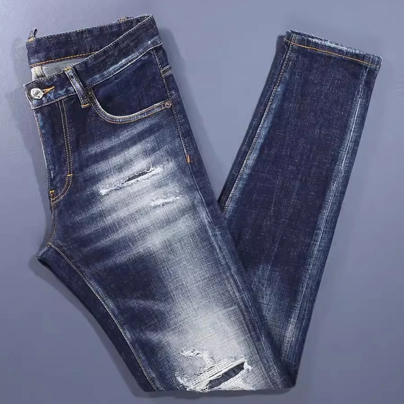 Men Deep‑Blue Whisker Wash Heavy Frayed Ripped Distressed Stretch Skinny Denim Jeans Hip‑Hop Streetwear Denim Jeans hombre