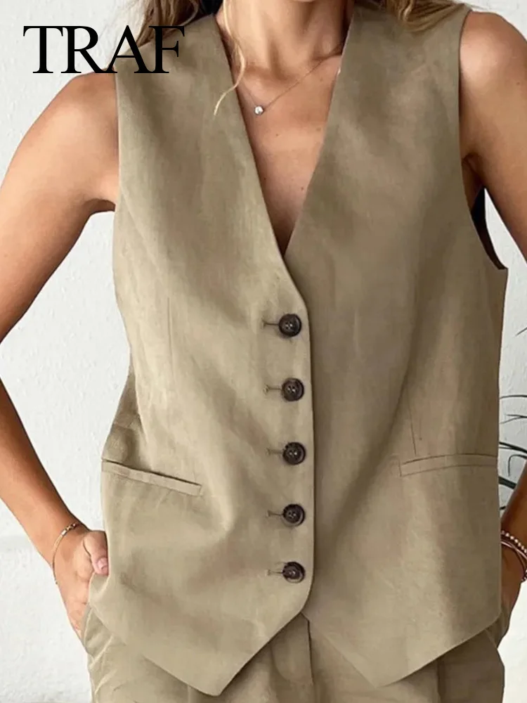 TRAF Vest For Women Vintage Casual Solid Linen V Neck Single Breasted Loose Top Summer Chic Ladies Sleeveless Vests Waistcoat