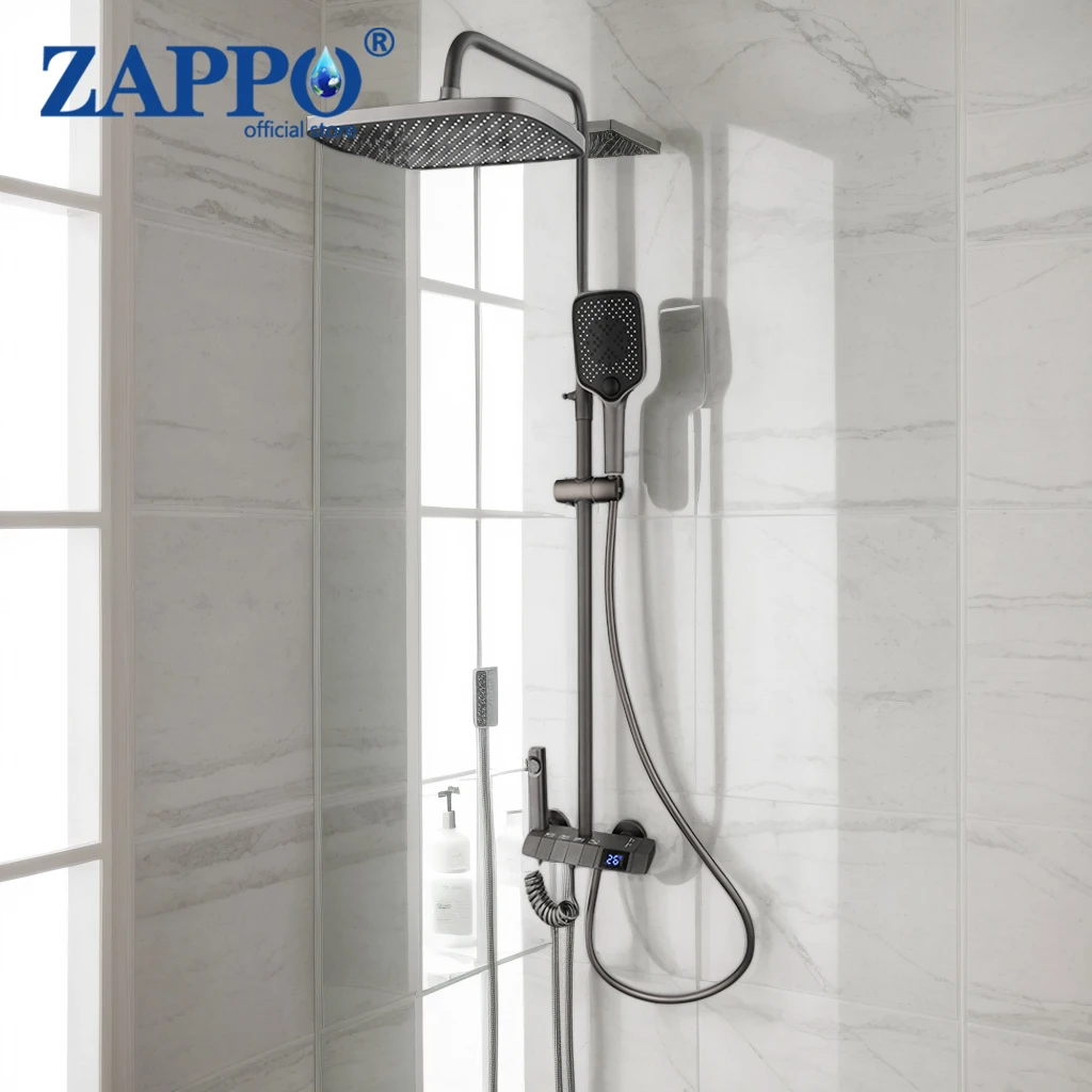 

ZAPPO Серый душевой набор с цифровым дисплеем, душевая система, фортепиано, дизайн клавиш, ванная комната, душевой набор с дождевой водой, смеситель для горячей и холодной воды
