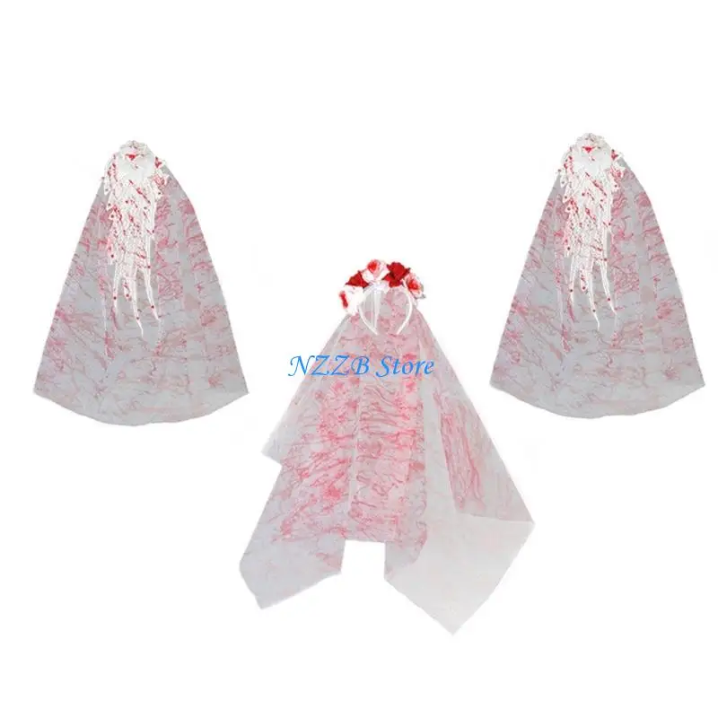 

T21F Halloween Horror Accessory Set Costume Hairpiece Blood Pattern Veil Headwear
