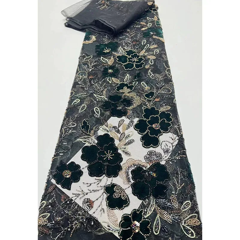 Tela de malla de 5 yardas con perlas, flores de felpa y lentejuelas bordadas, tela con bordado para vestido de novia, material DIY para confección de ropa.