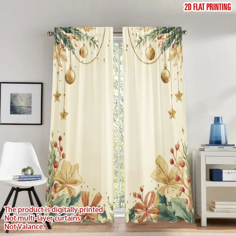 

2pcs 2D flat printing Merry Christmas Curtains Christmas Ornament Holly Garland Bows Digital Printed Polyester Drapes Party