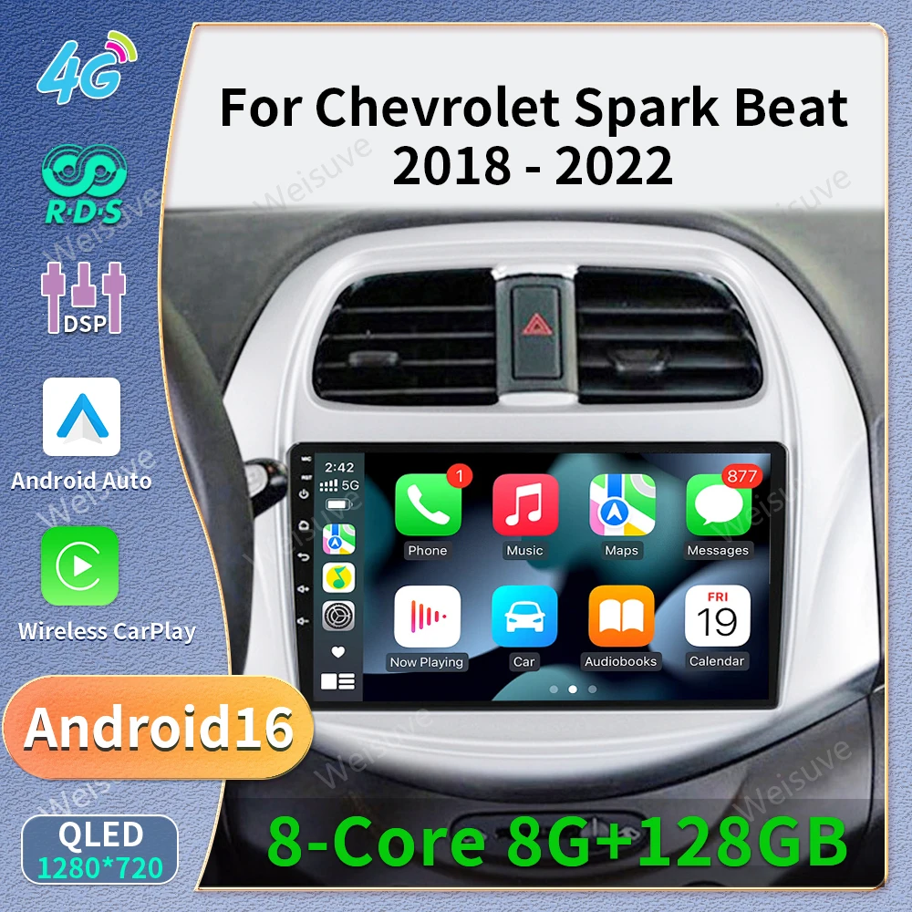 Reproductor Multimedia Estéreo para Auto con DVD, Bluetooth, Navegación GPS, Radio, WIFI 5G, Carplay, Sin DVD 2din, 4G, para CHEVROLET Spark Beat 2018 2019 2020