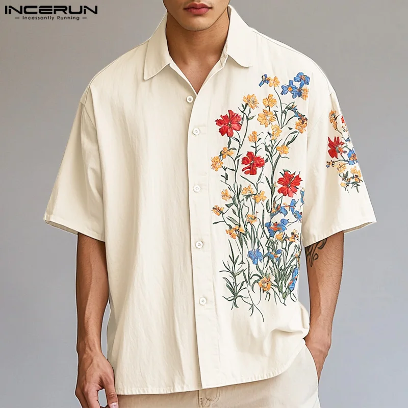 

Летние повседневные топы с короткими рукавами, мужская одежда INCERUN, модные рубашки с лацканами и пуговицами с цветочным принтом, уличная мужская футболка большого размера