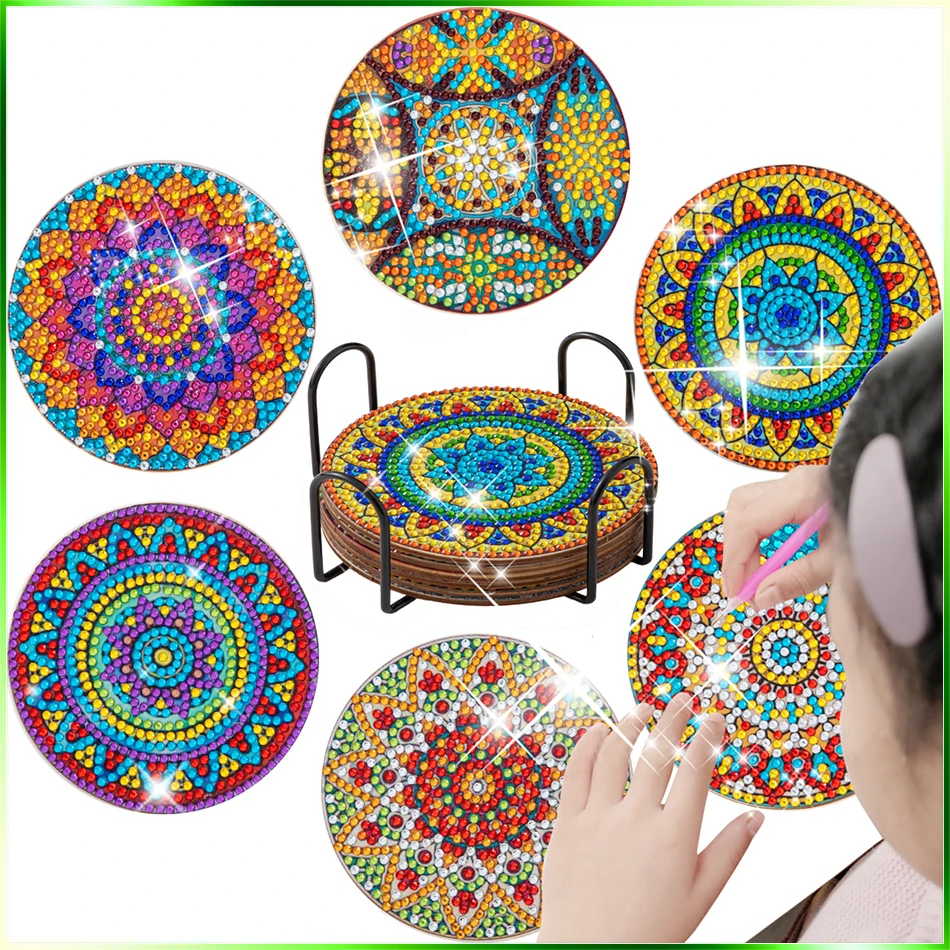 

CHENISTORY 6Pcs DIY Diamond Painting Mandala Round Coaster Drink Cup Pad Table Placemat Cushion Insulation Pad Handmade Art Home