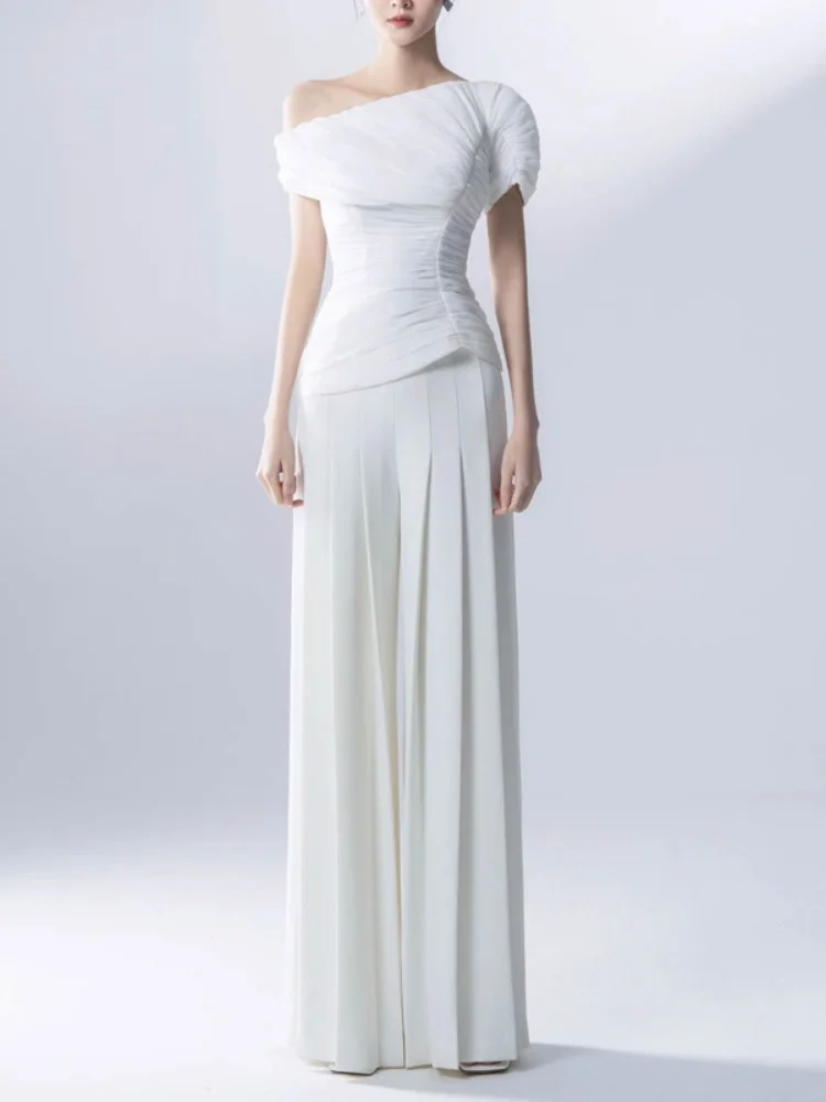

fashion sets for women 2 piece one shoulder ruche waisted short top high waist strsight wide leg long pants