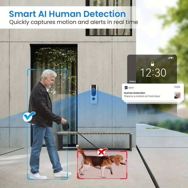 Câmera de campainha de vídeo inteligente wifi com campainha, campainha sem fio, interfone de áudio 2 vias, visão noturna, detecção humana inteligente ai